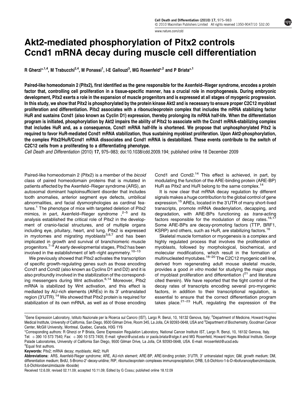 Akt2-Mediated Phosphorylation of Pitx2 Controls Ccnd1 Mrna Decay During Muscle Cell Differentiation