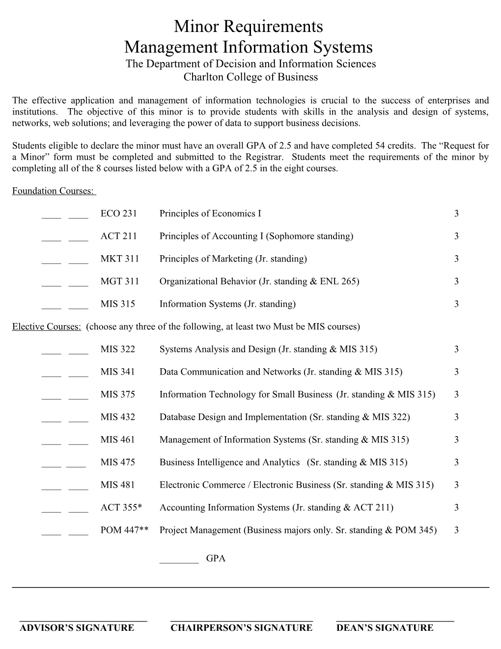 Minor Requirements Finance