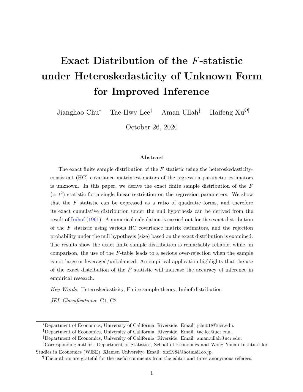 Exact Distribution of the F-Statistic Under Heteroskedasticity Of