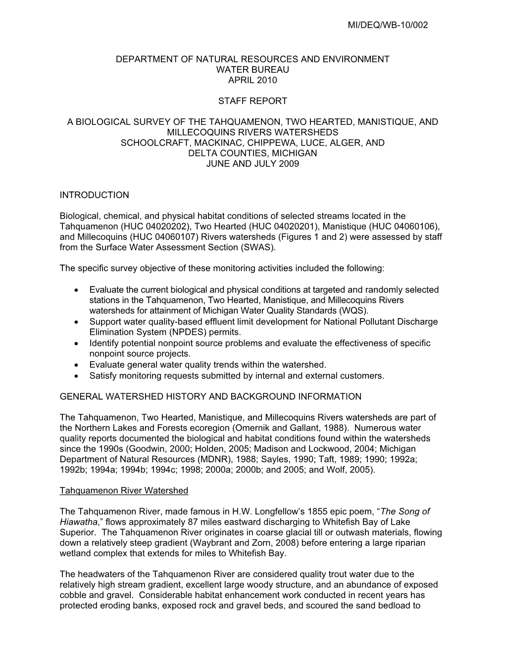2009 Eastern Central U.P. Michigan Watersheds Biosurvey Monitoring Report