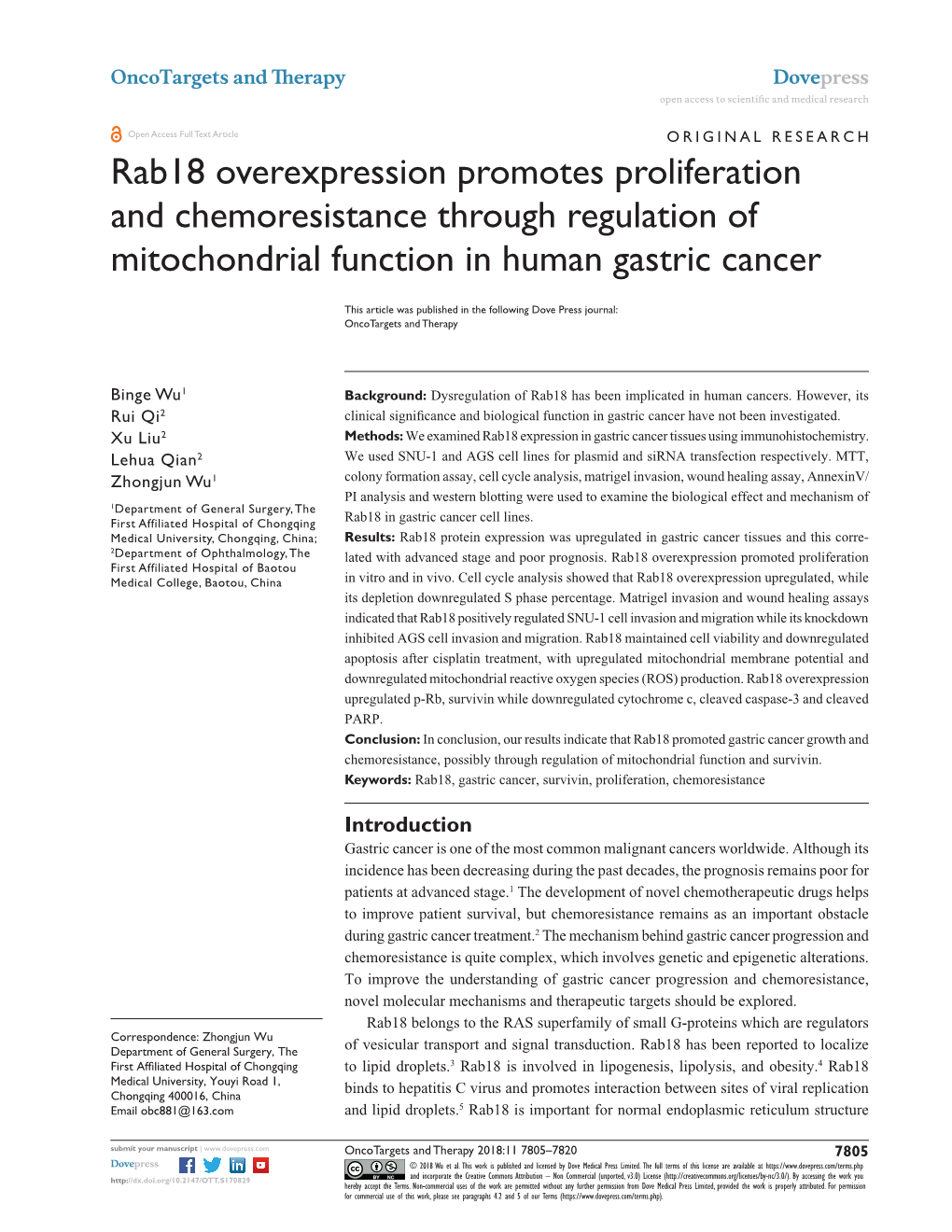 Rab18 Overexpression Promotes Proliferation and Chemoresistance Through Regulation of Mitochondrial Function in Human Gastric Cancer