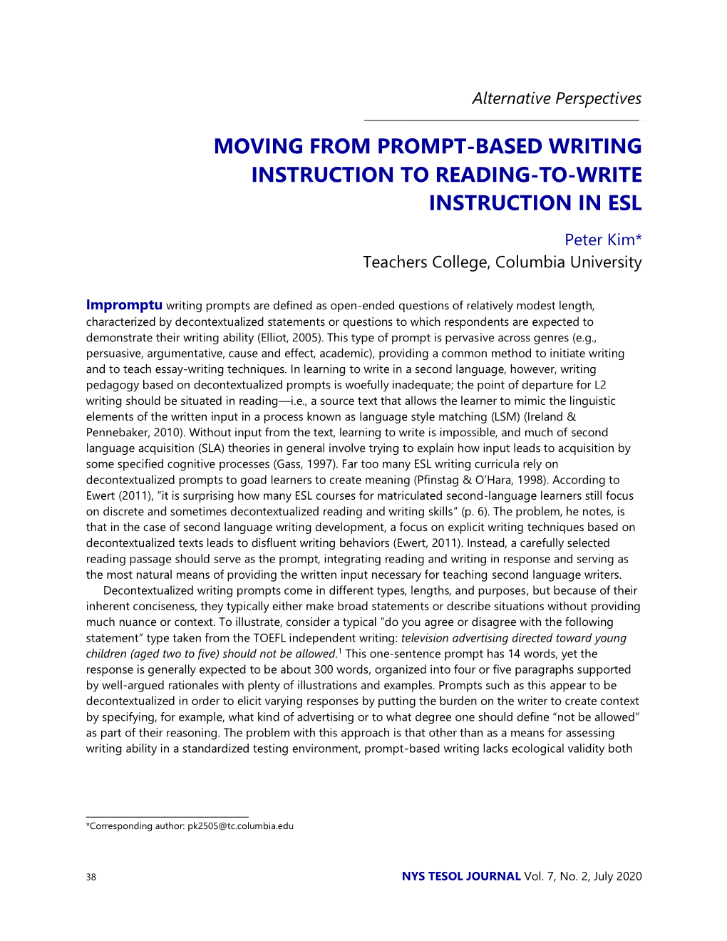 Moving from Prompt-Based Writing Instruction to Reading-To-Write Instruction in Esl