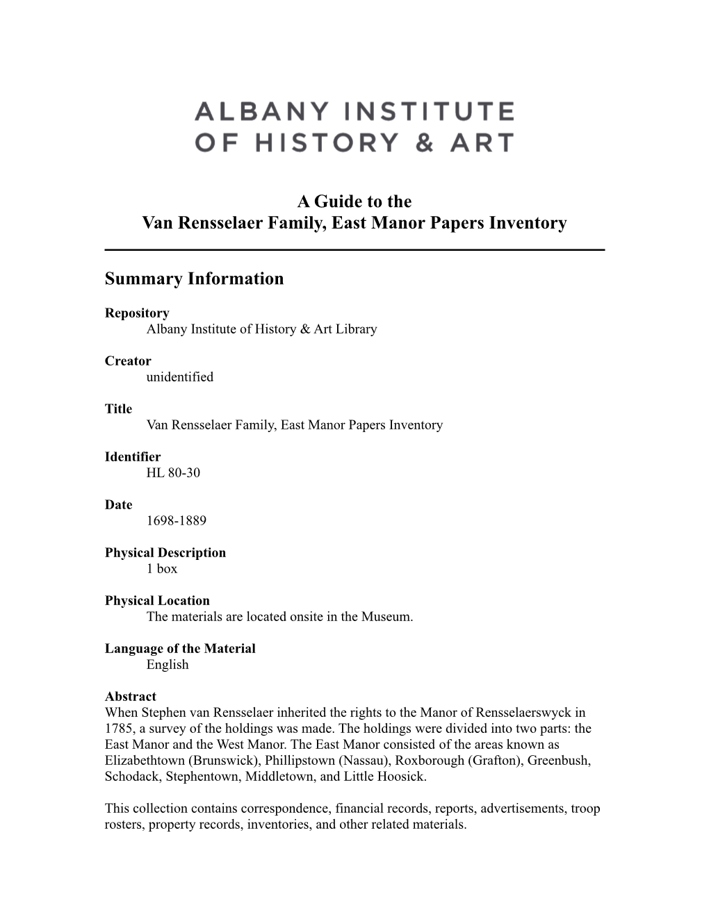 Van Rensselaer Family, East Manor Papers Inventory, 1698-1889, HL 80-30