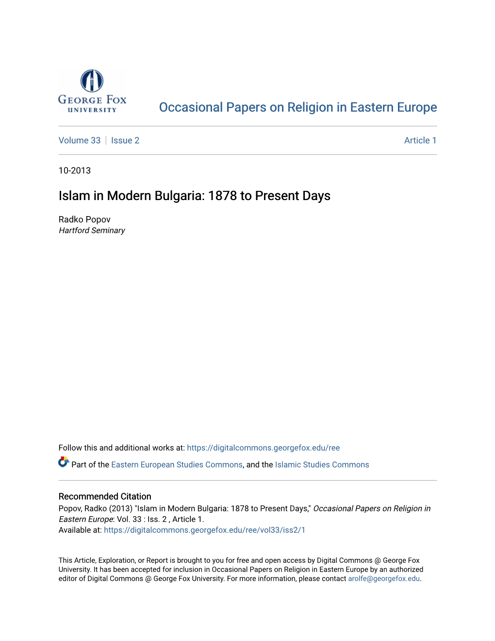 Islam in Modern Bulgaria: 1878 to Present Days