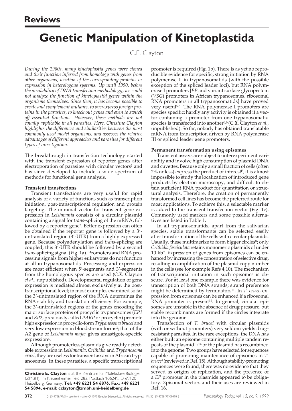 Genetic Manipulation of Kinetoplastida C.E