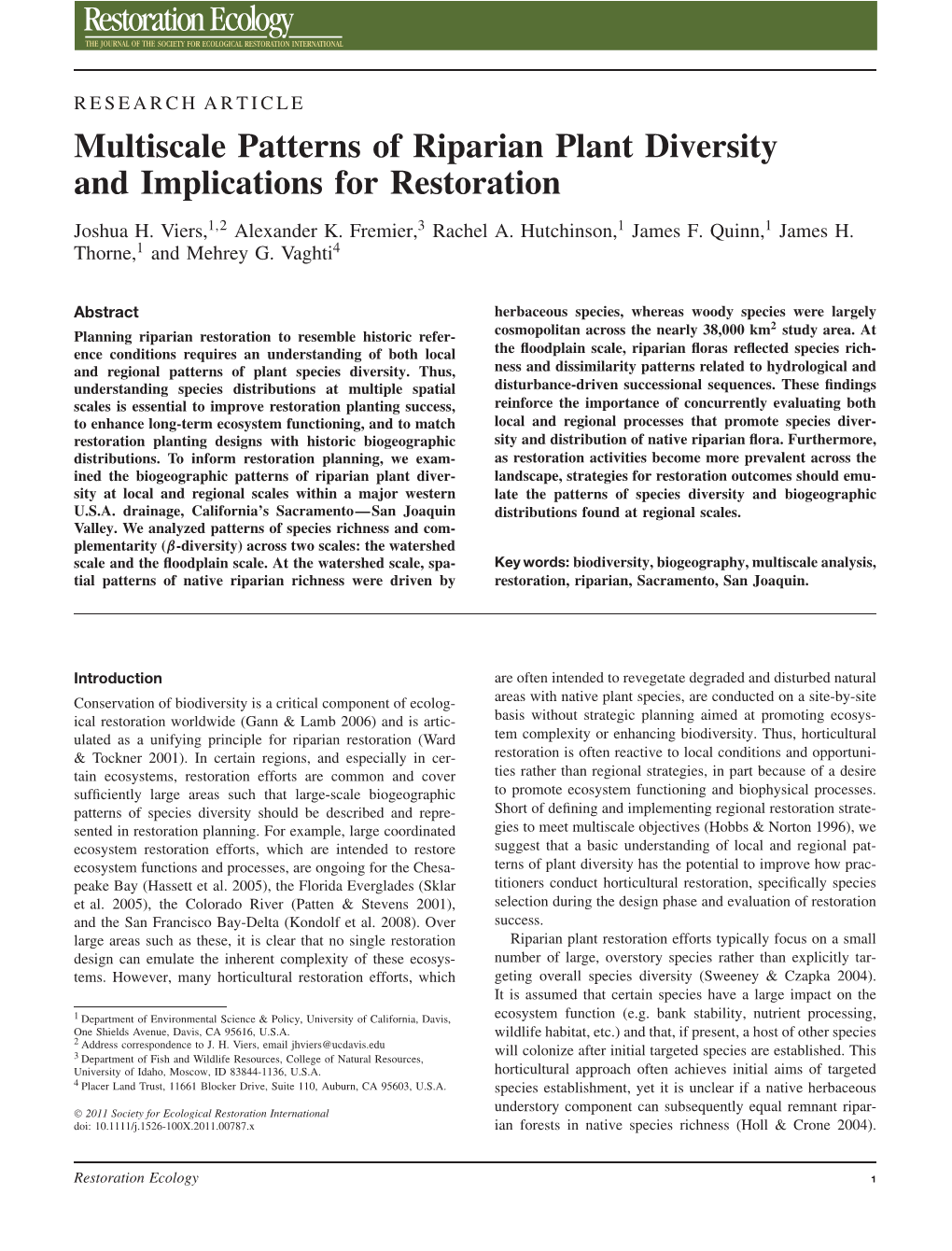 Multiscale Patterns of Riparian Plant Diversity and Implications for Restoration