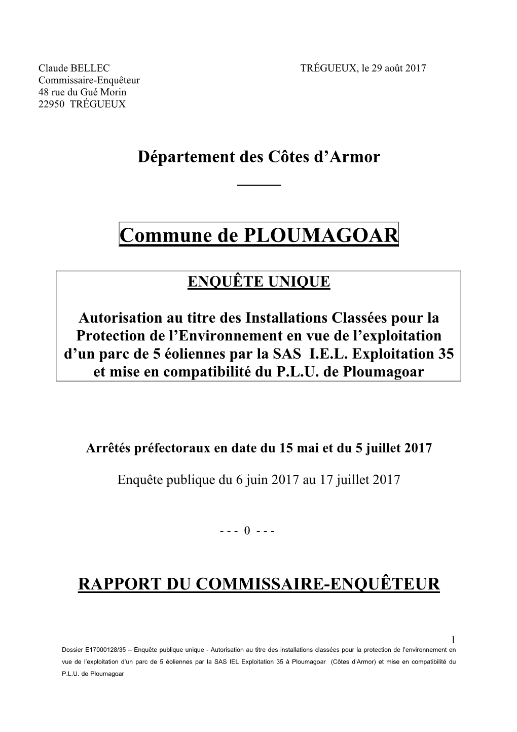 E.P. Parc Éolien PLOUMAGOAR-Rapport