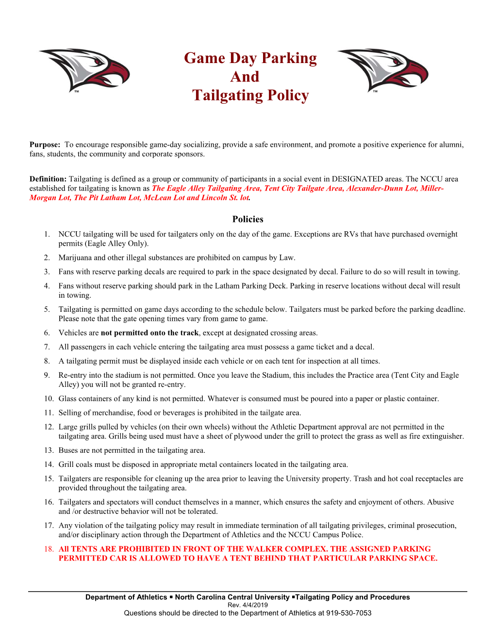 Game Day Parking and Tailgating Policy