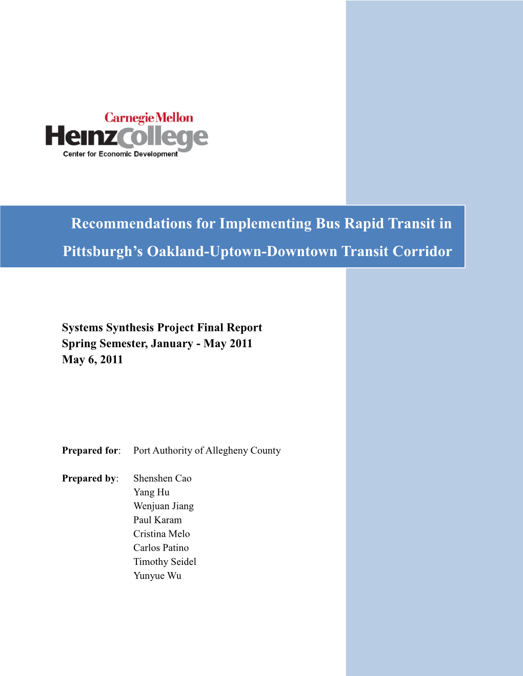 Recommendations for Implementing Bus Rapid Transit in Pittsburgh's