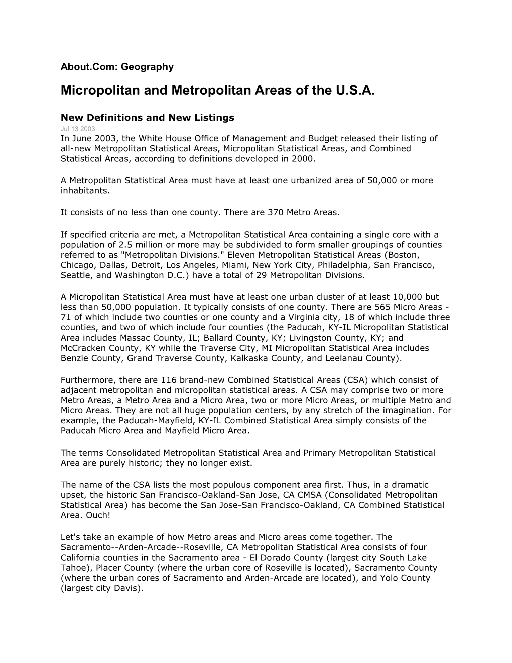 Micropolitan and Metropolitan Areas of the U.S.A