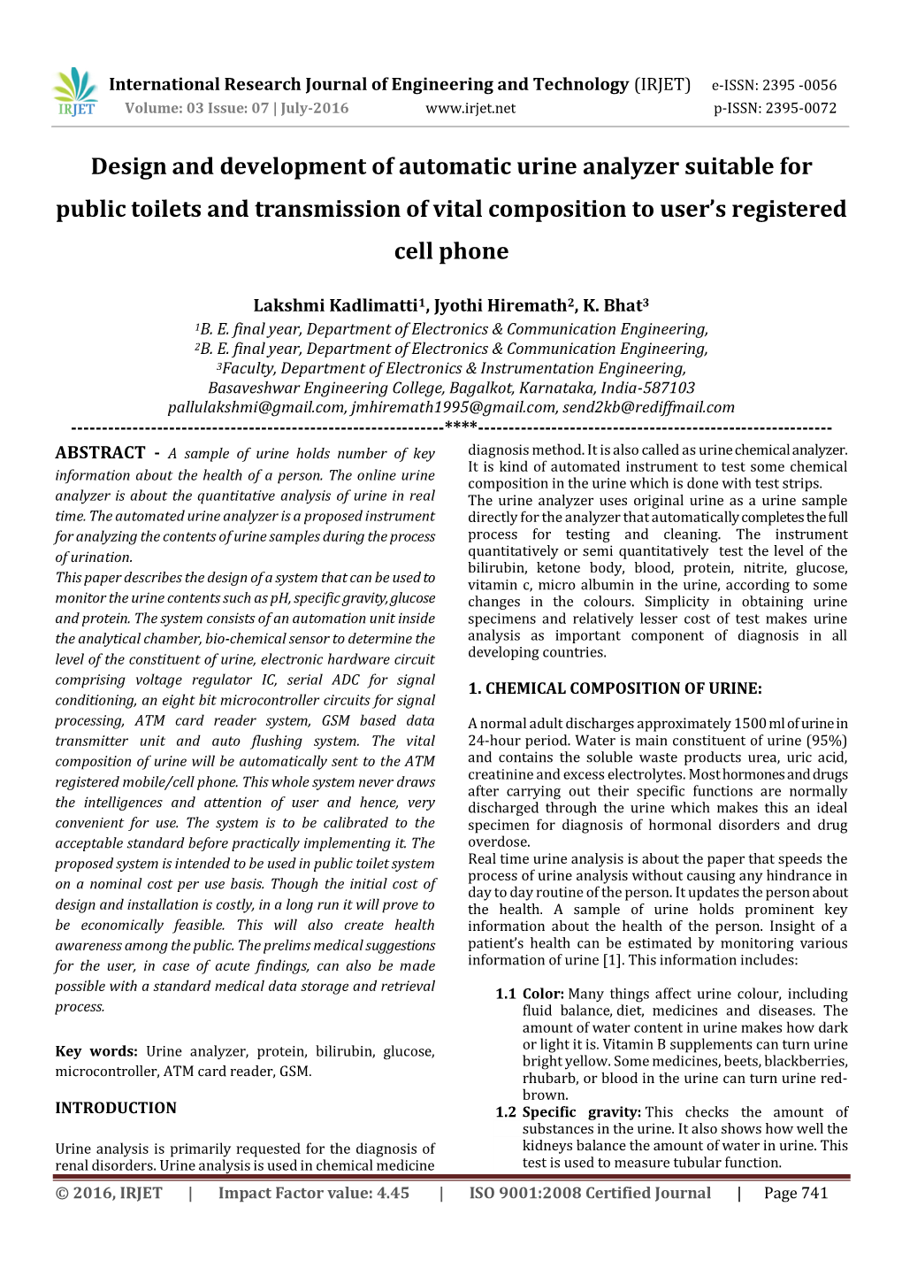 Design and Development of Automatic Urine Analyzer Suitable for Public Toilets and Transmission of Vital Composition to User’S Registered Cell Phone