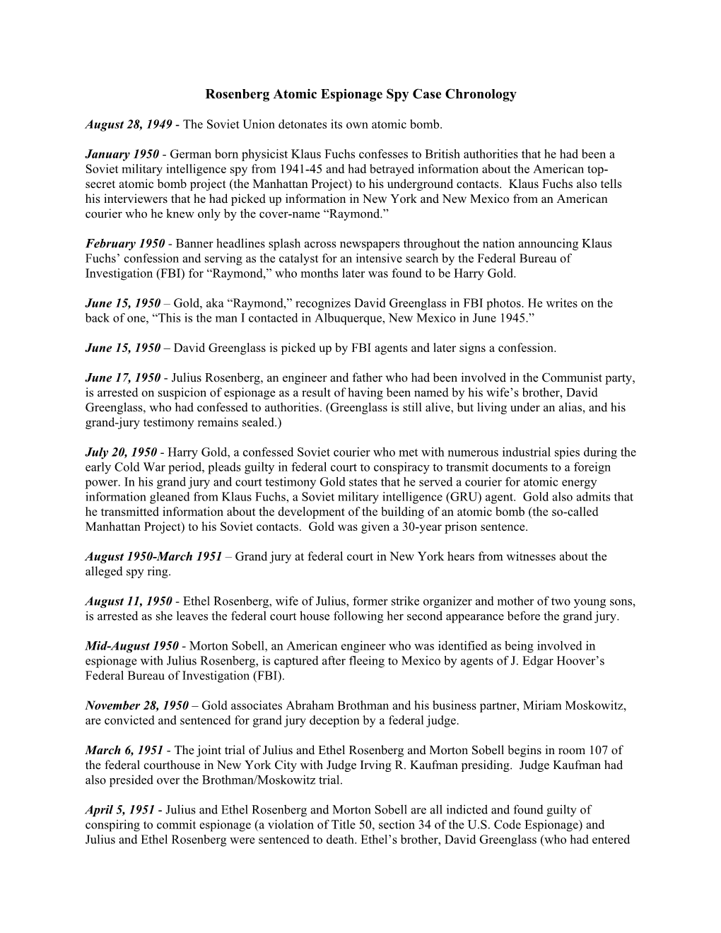 Rosenberg Atomic Espionage Spy Case Chronology