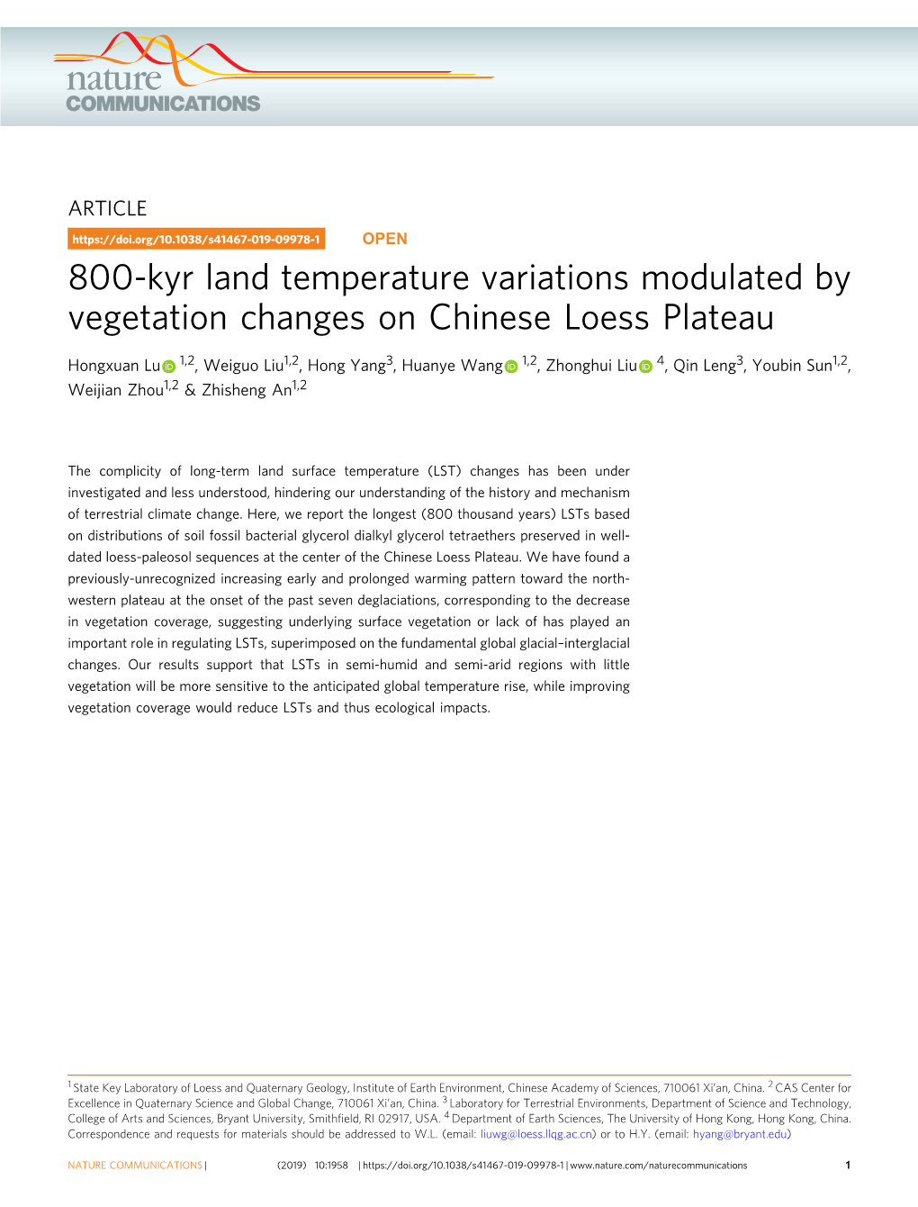 800-Kyr Land Temperature Variations Modulated by Vegetation Changes on Chinese Loess Plateau