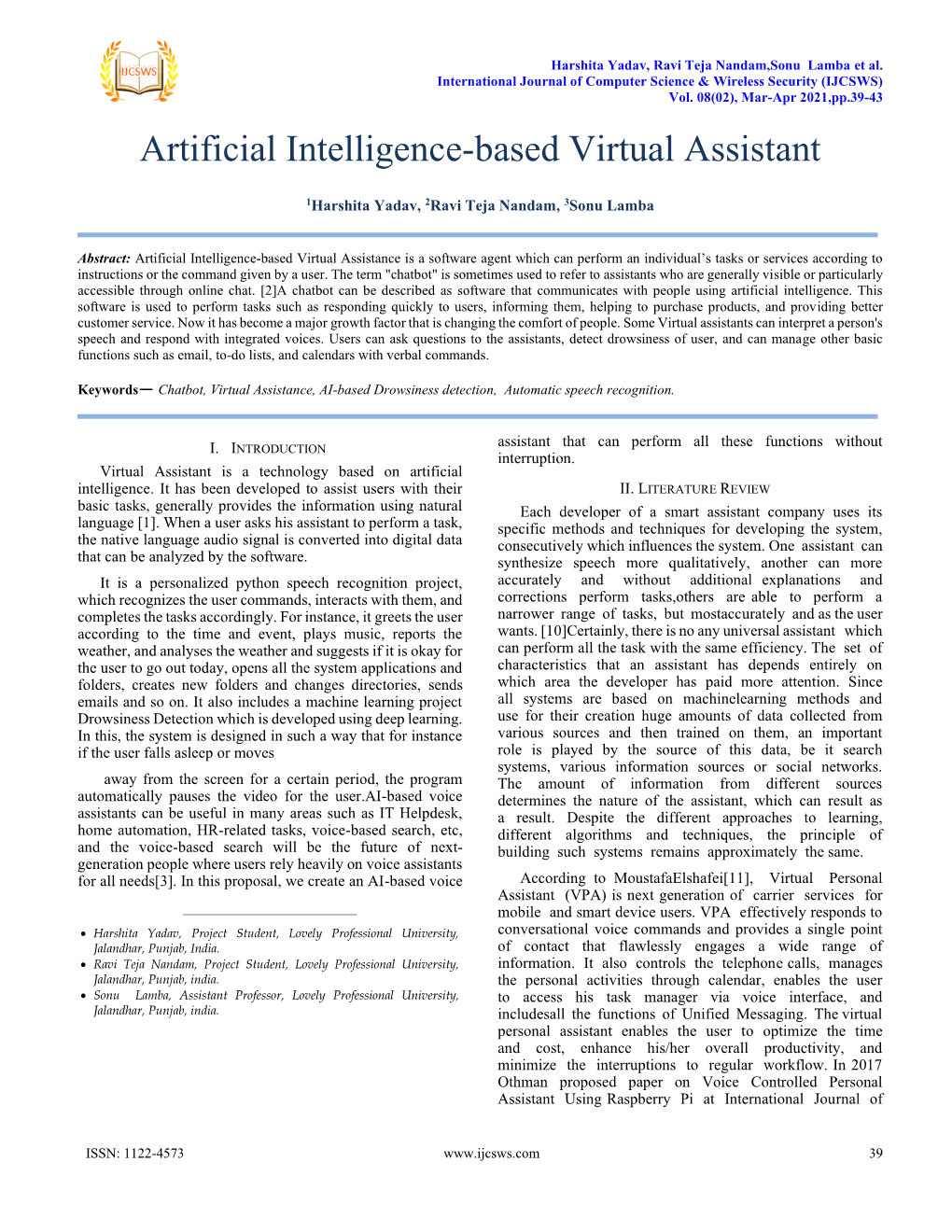 Artificial Intelligence-Based Virtual Assistant