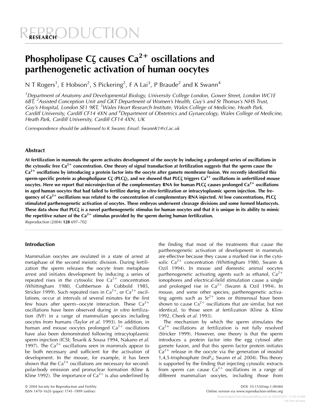 Phospholipase Cζ Causes Ca2+ Oscillations and Parthenogenetic Activation of Human Oocytes