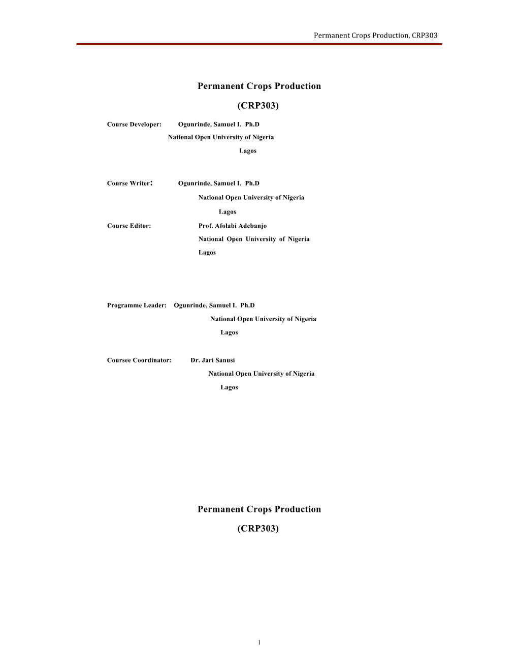 Permanent Crops Production (CRP303)