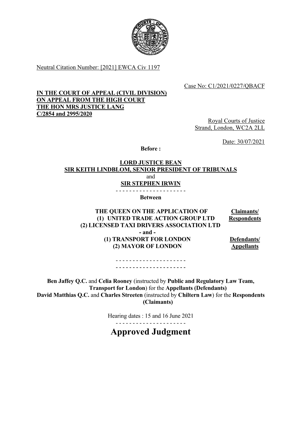 United Trade Action Group V TFL Judgment