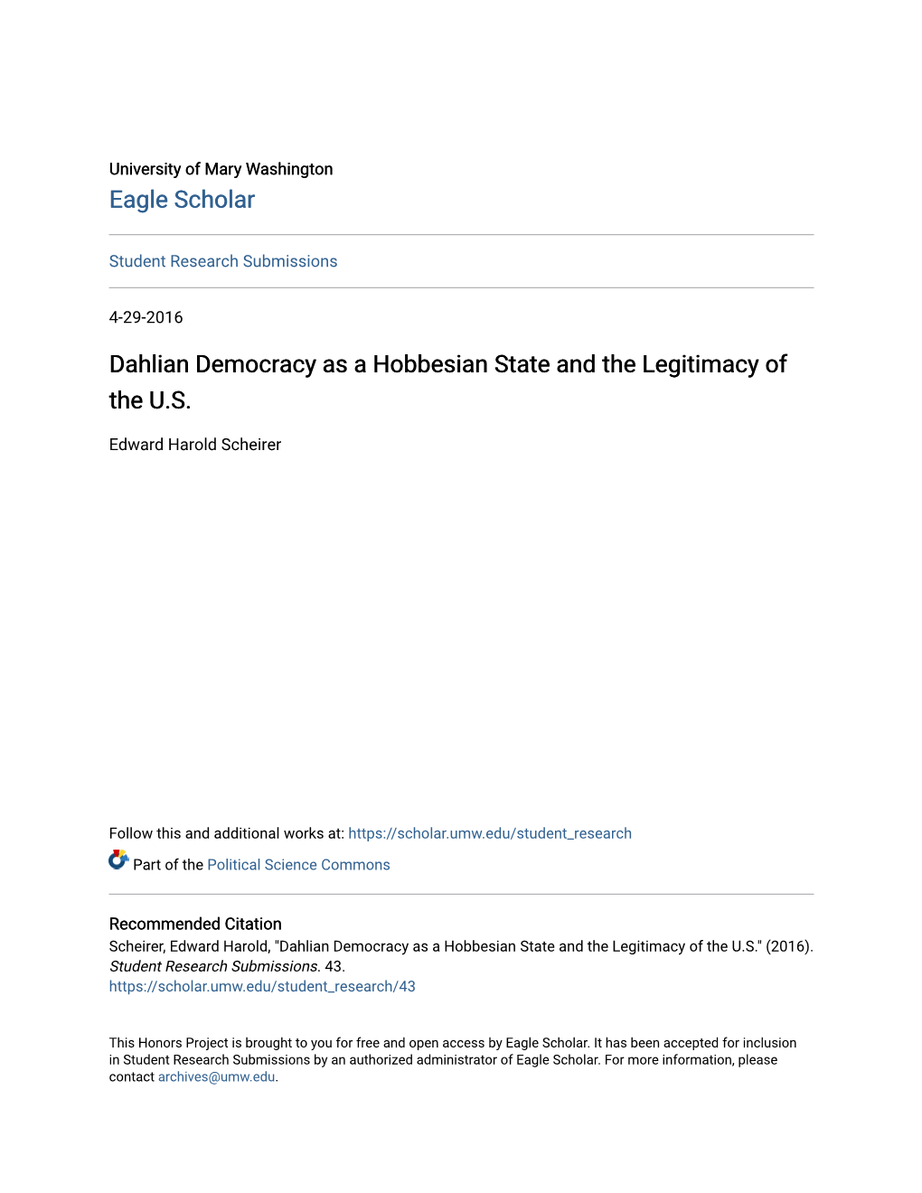 Dahlian Democracy As a Hobbesian State and the Legitimacy of the U.S