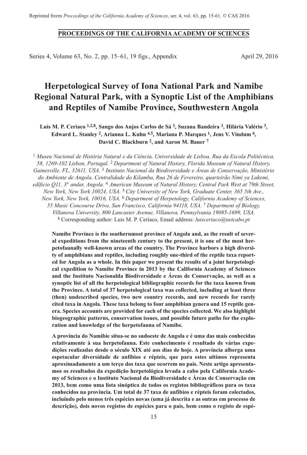 Herpetological Survey of Iona National Park and Namibe