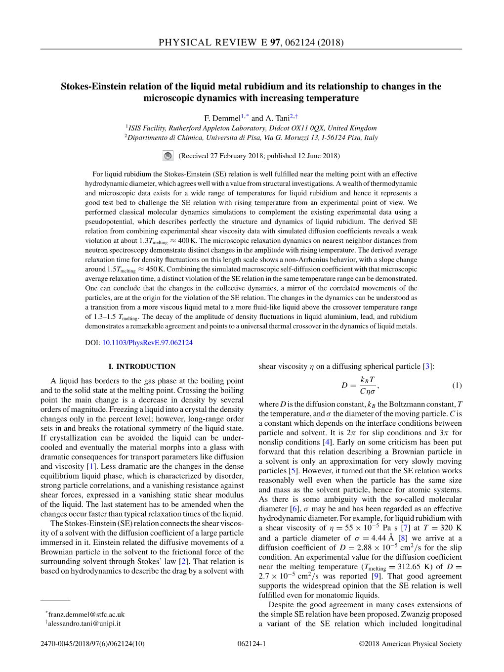 (2018) Stokes-Einstein Relation of the Liquid Metal Rubidium And