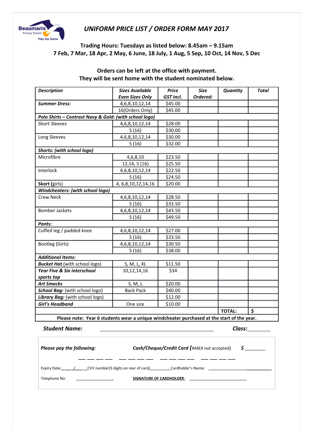 Uniform Price List / Order Form - 2007