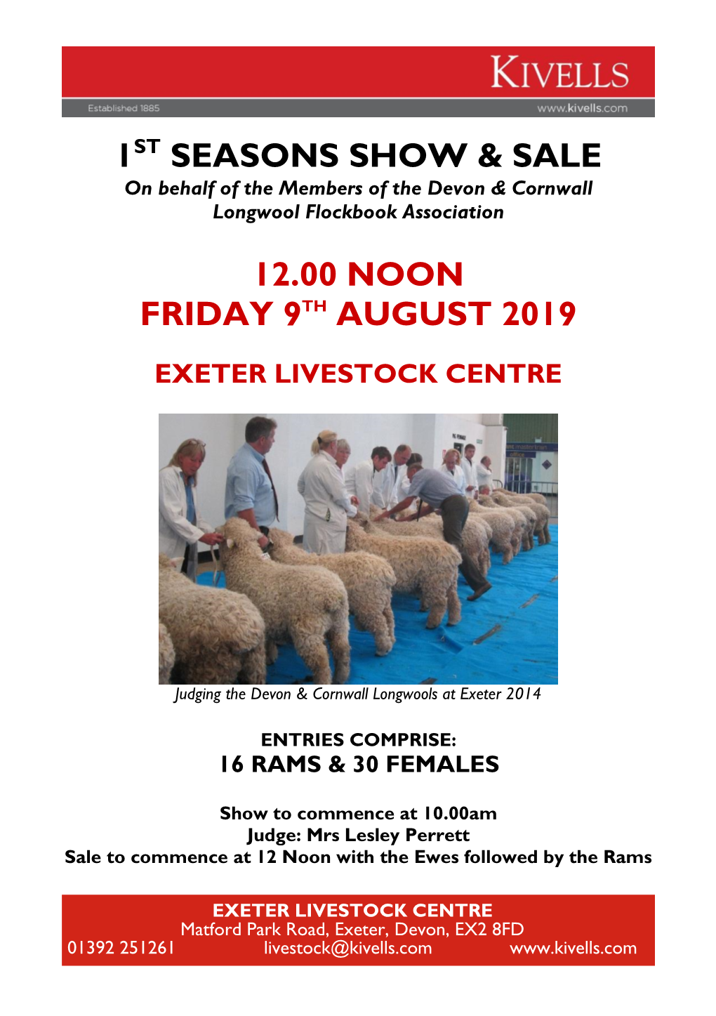 1St Seasons Show & Sale 12.00 Noon Friday 9Th August 2019