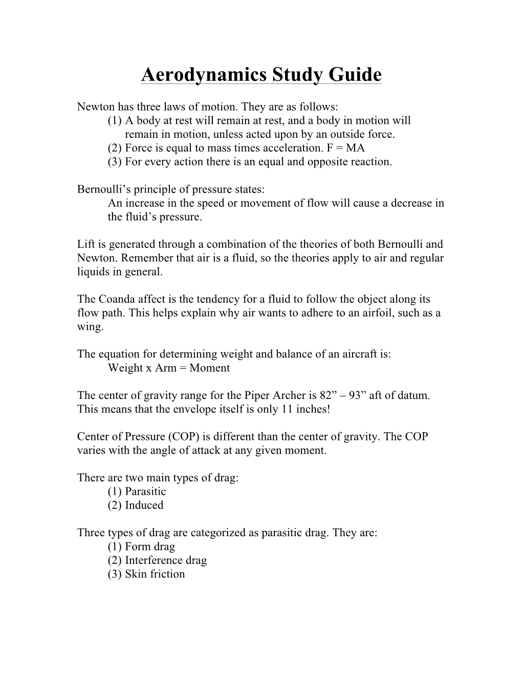 Aerodynamics Study Guide