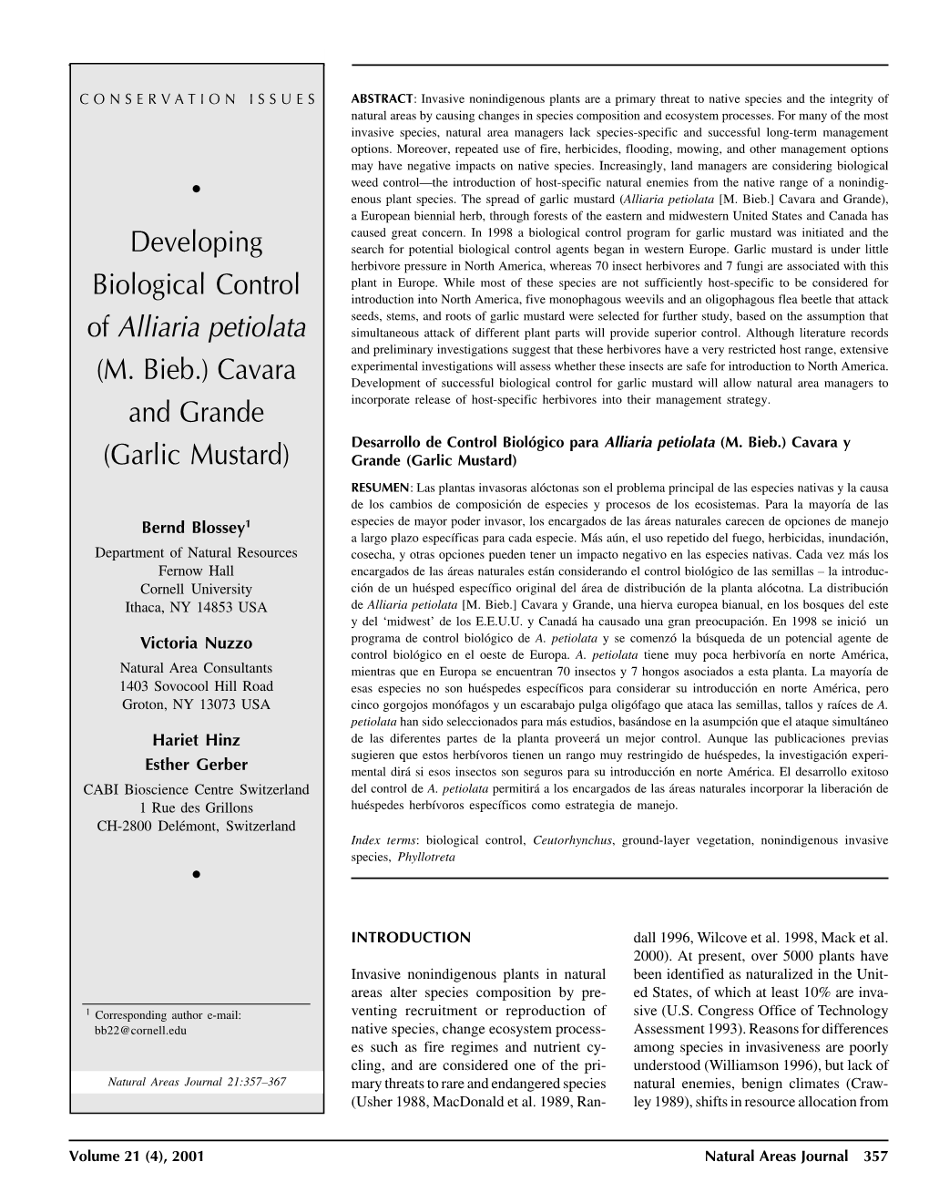 Developing Biological Control of Alliaria Petiolata (M. Bieb.) Cavara