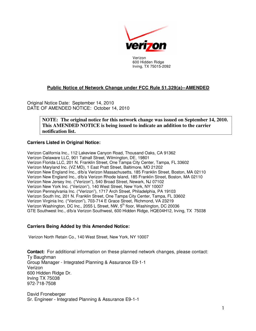 Planned Network Changes- (Amended) E911 (PDF)