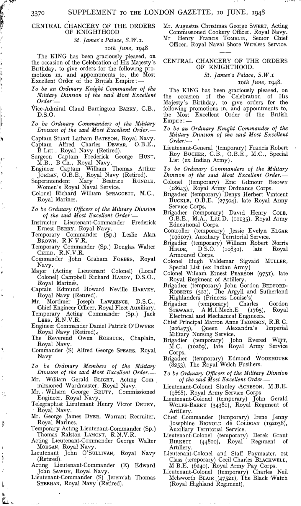 SUPPLEMENT to the LONDON GAZETTE, 10 JUNE, 1948 CENTRAL CHANCERY of the ORDERS Mr