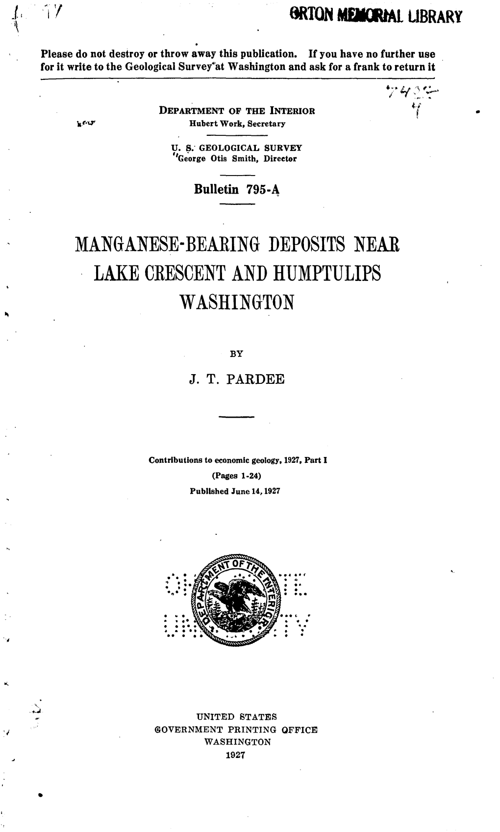 Manganese-Bearing Deposits Neab Lake Ckescent and Humptulips Washington