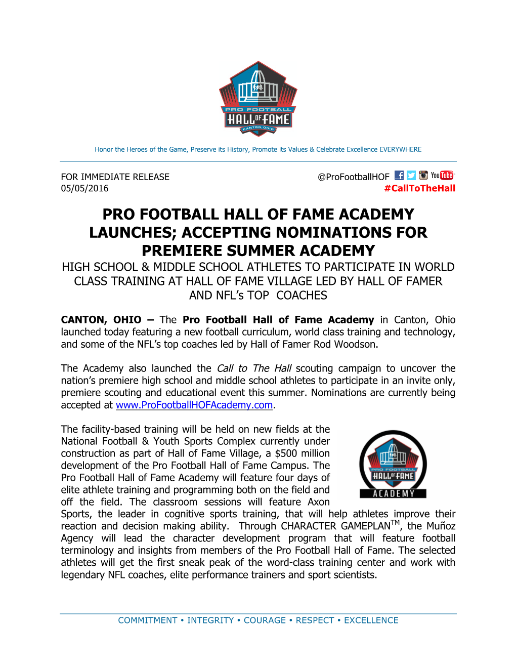 Pro Football Hall of Fame Academy Launches