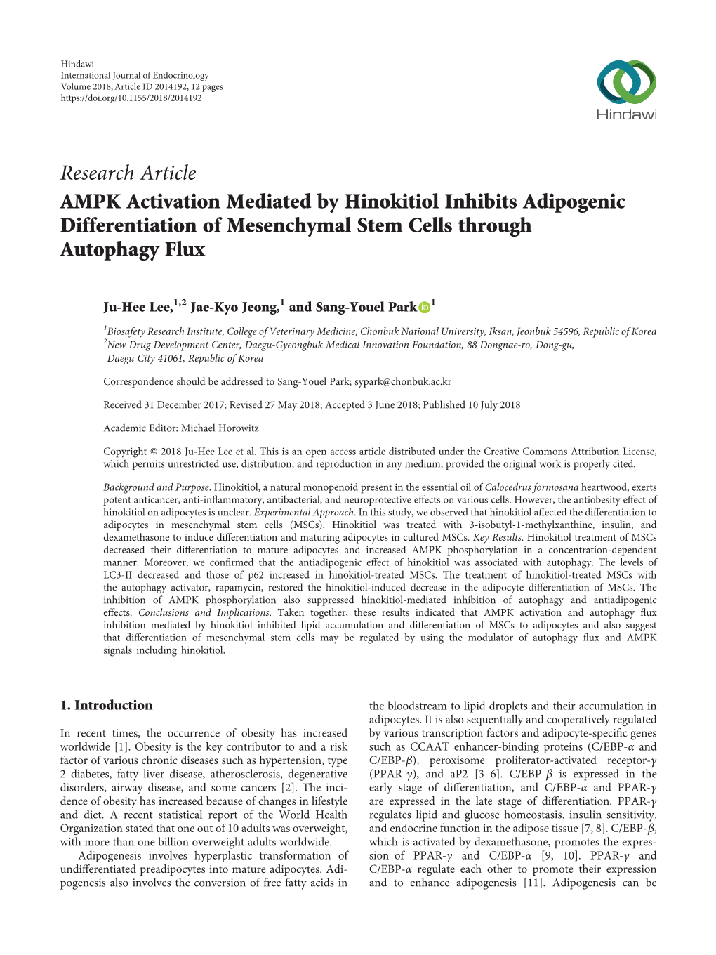 Research Article AMPK Activation Mediated by Hinokitiol Inhibits Adipogenic Differentiation of Mesenchymal Stem Cells Through Autophagy Flux