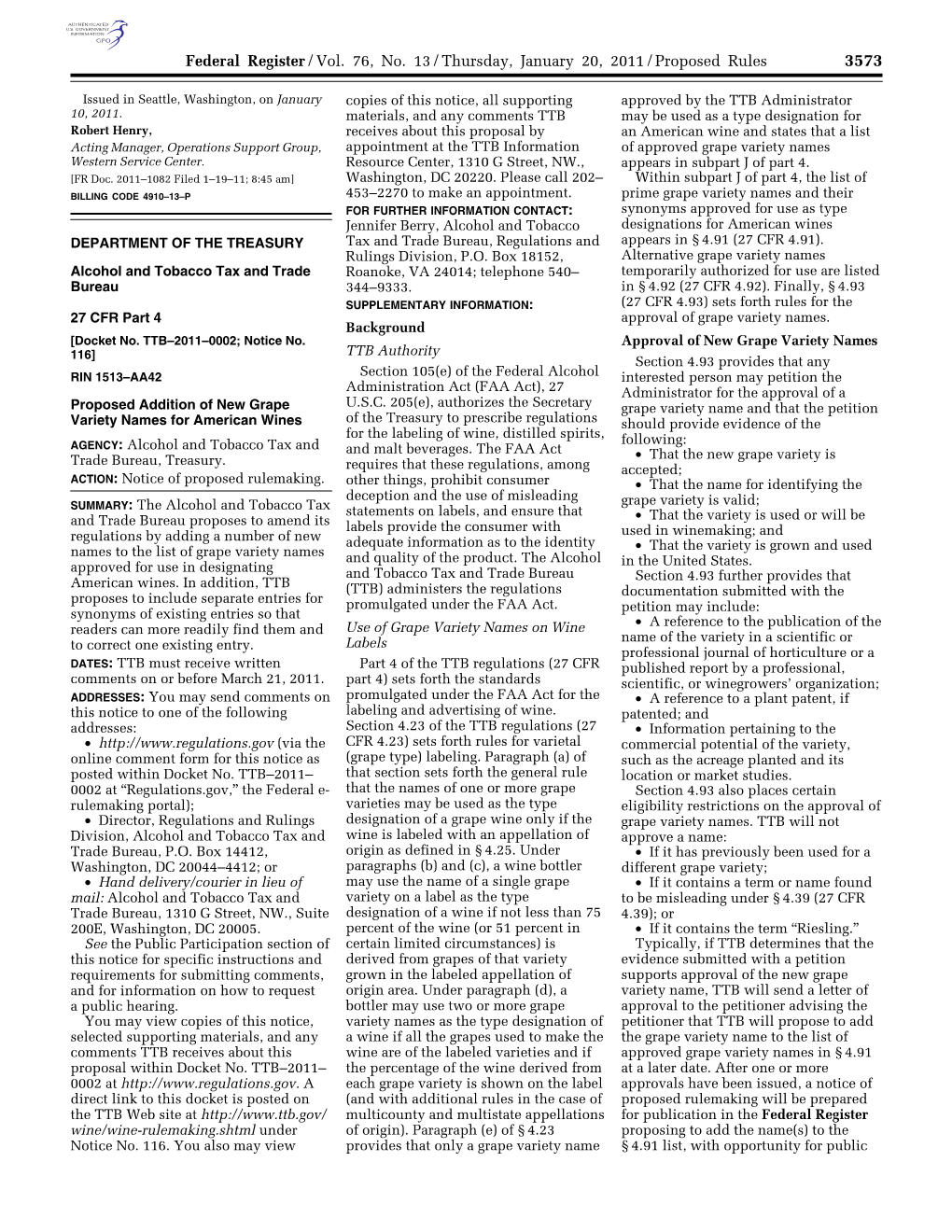 Federal Register/Vol. 76, No. 13/Thursday, January 20, 2011