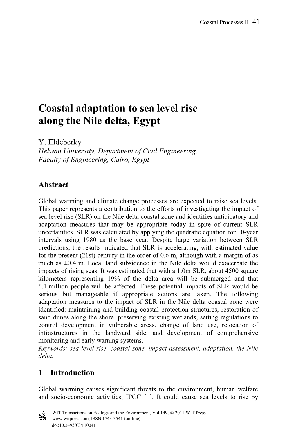 Coastal Adaptation to Sea Level Rise Along the Nile Delta, Egypt