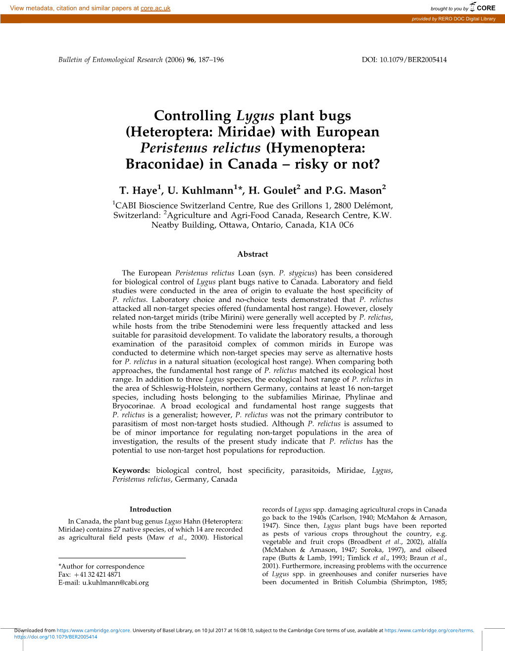 (Heteroptera: Miridae) with European Peristenus Relictus (Hymenoptera: Braconidae) in Canada – Risky Or Not?