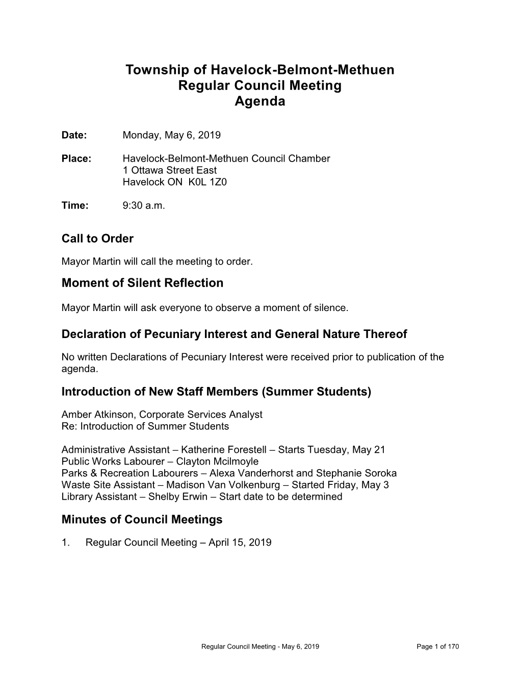 Township of Havelock-Belmont-Methuen Regular Council Meeting Agenda