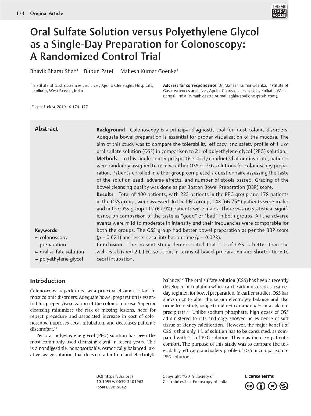Oral Sulfate Solution Versus Polyethylene Glycol As a Single-Day Preparation for Colonoscopy: a Randomized Control Trial