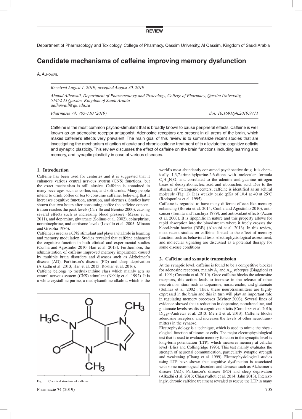 Candidate Mechanisms of Caffeine Improving Memory Dysfunction