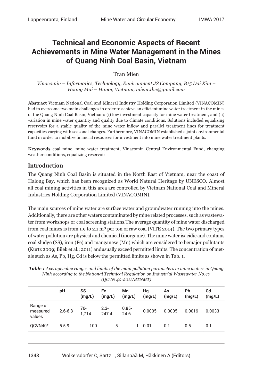 Technical and Economic Aspects of Recent Achievements in Mine Water Management in the Mines of Quang Ninh Coal Basin, Vietnam