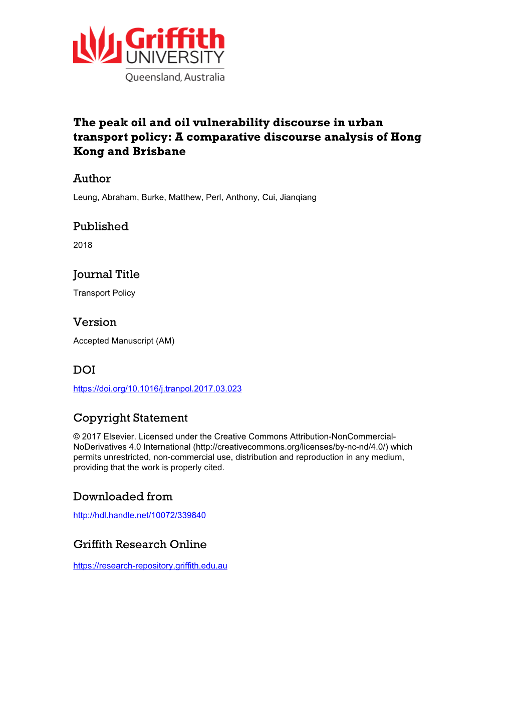 The Peak Oil and Oil Vulnerability Discourse in Urban Transport Policy: a Comparative Discourse Analysis of Hong Kong and Brisbane