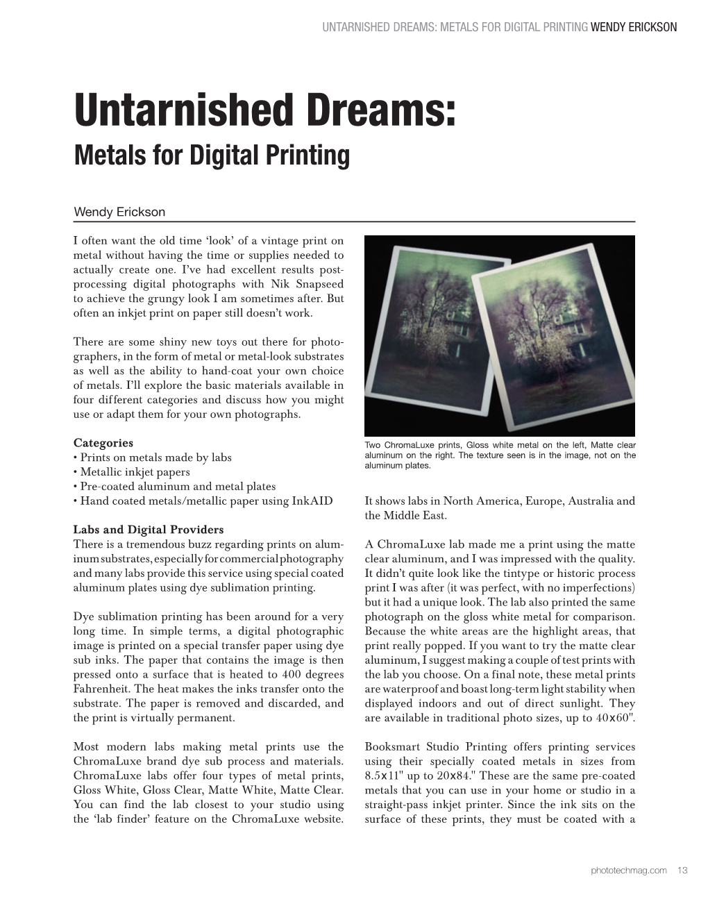 Untarnished Dreams: Metals for Digital Printing Wendy Erickson