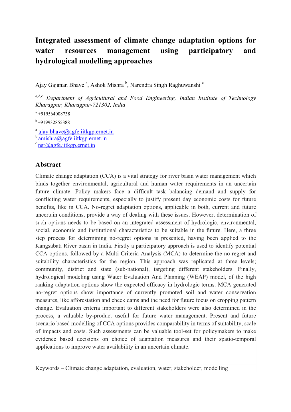 Integrated Assessment of Climate Change Adaptation Options for Water Resources Management Using Participatory and Hydrological Modelling Approaches