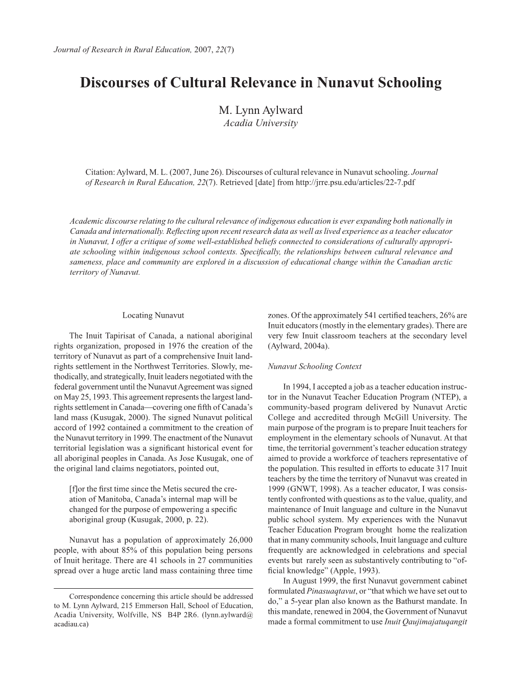 Discourses of Cultural Relevance in Nunavut Schooling