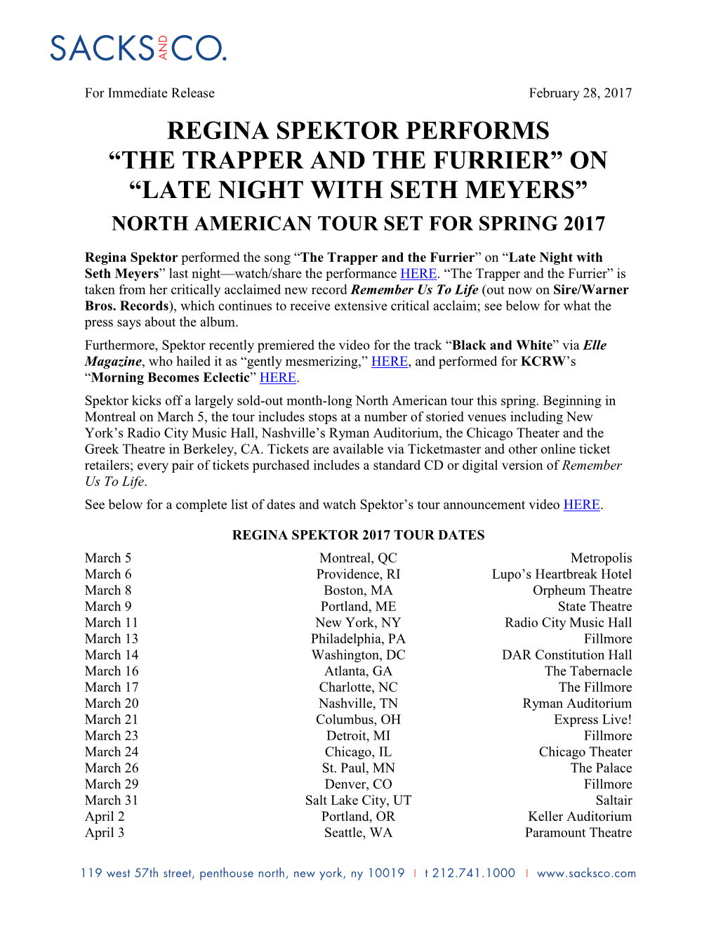 Regina Spektor Performs “The Trapper and the Furrier” on “Late Night with Seth Meyers” North American Tour Set for Spring 2017