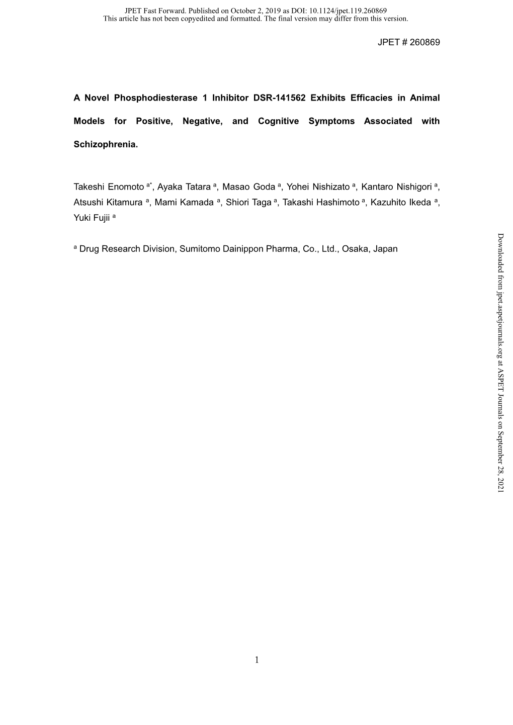 A Novel Phosphodiesterase 1 Inhibitor DSR-141562 Exhibits Efficacies in Animal