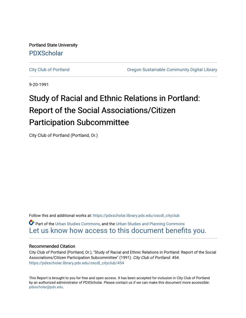 Study of Racial and Ethnic Relations in Portland: Report of the Social Associations/Citizen Participation Subcommittee
