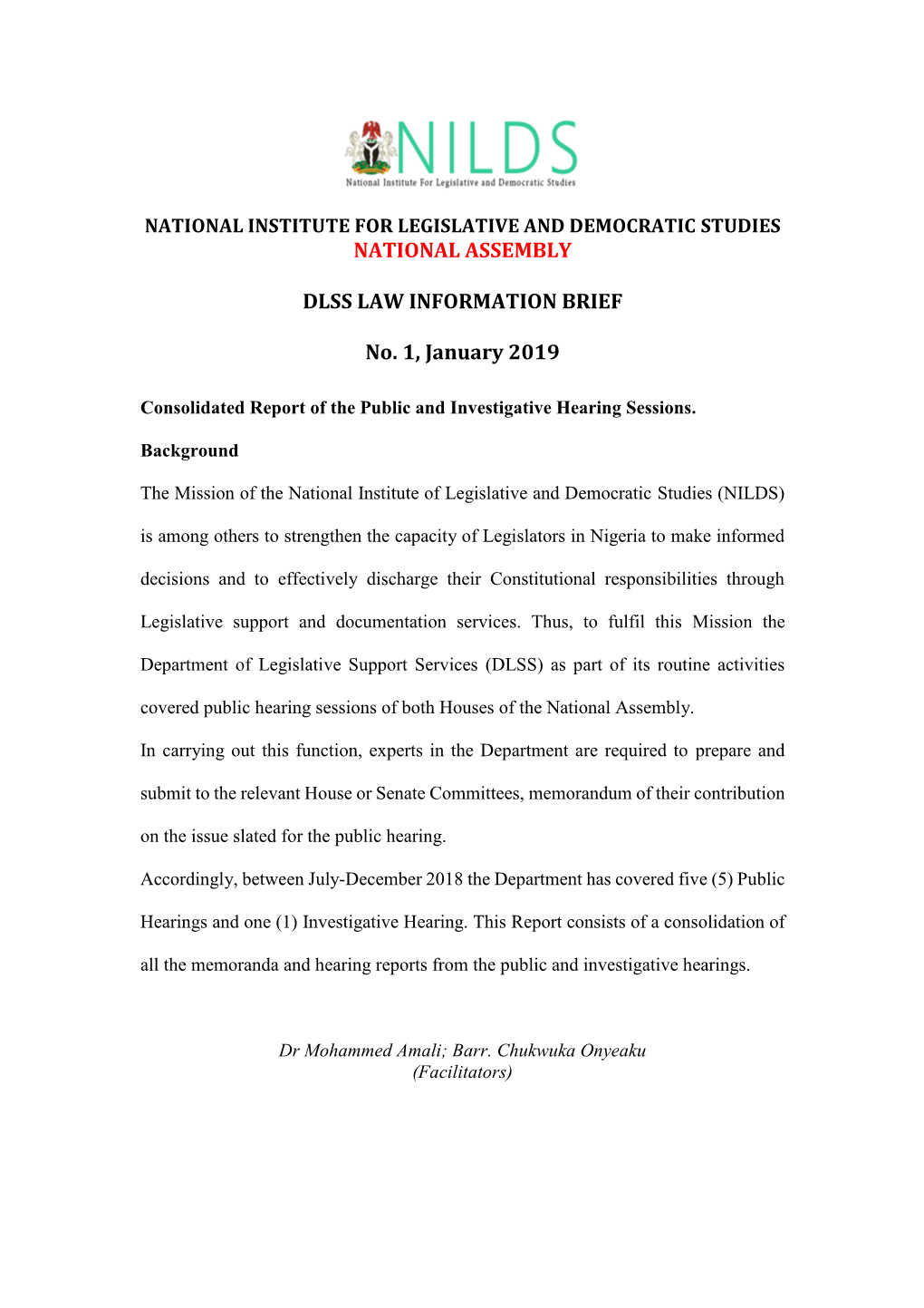 NATIONAL ASSEMBLY DLSS LAW INFORMATION BRIEF No. 1, January 2019