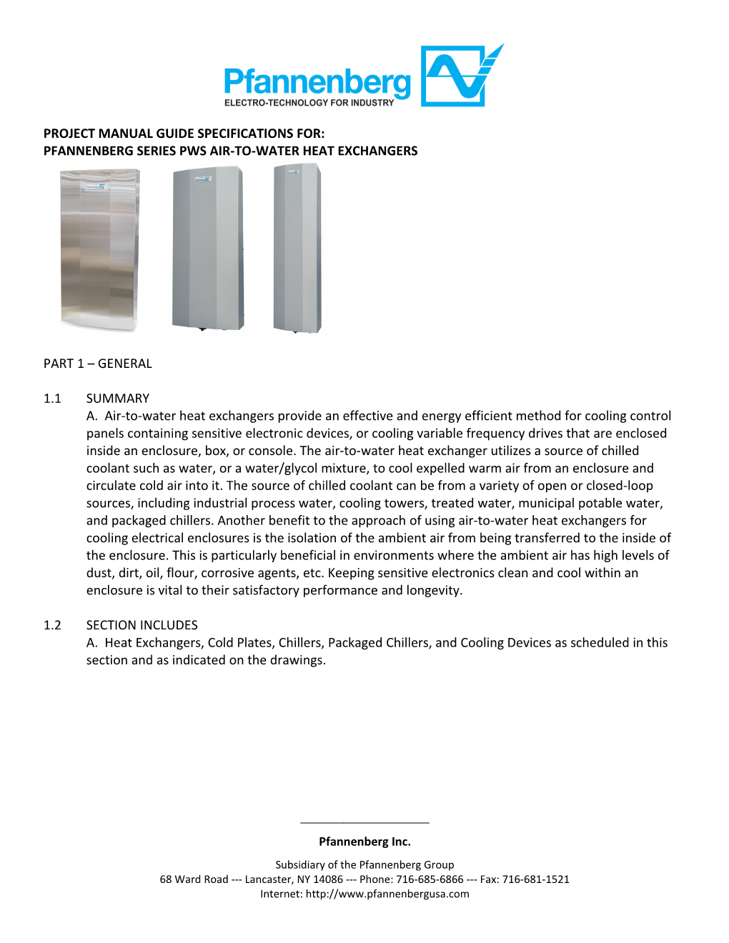 Project Manual Guide Specifications For: Pfannenberg Series Pws Air-To-Water Heat Exchangers