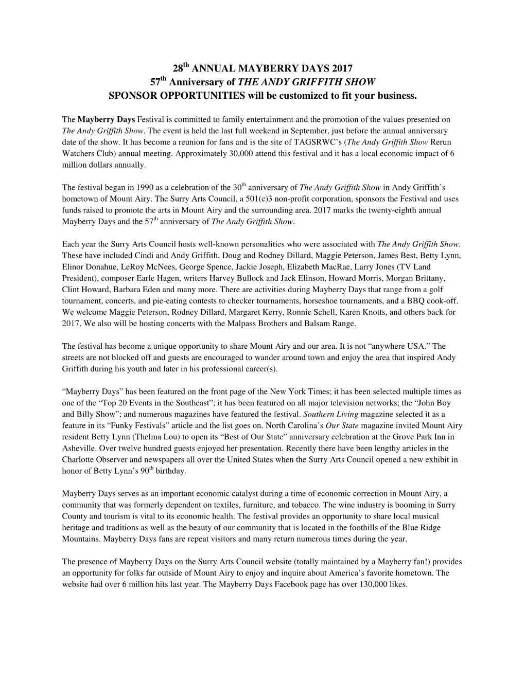 28Th ANNUAL MAYBERRY DAYS 2017 57Th Anniversary of the ANDY GRIFFITH SHOW SPONSOR OPPORTUNITIES Will Be Customized to Fit Your Business